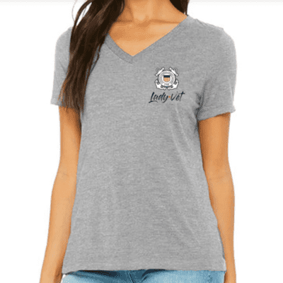 Model wearing US Coast Guard Lady Vet Tee, Heather Gray