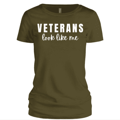 Front view of Lady Vet Veterans Look Like Me Crew Tee in Basic Olive