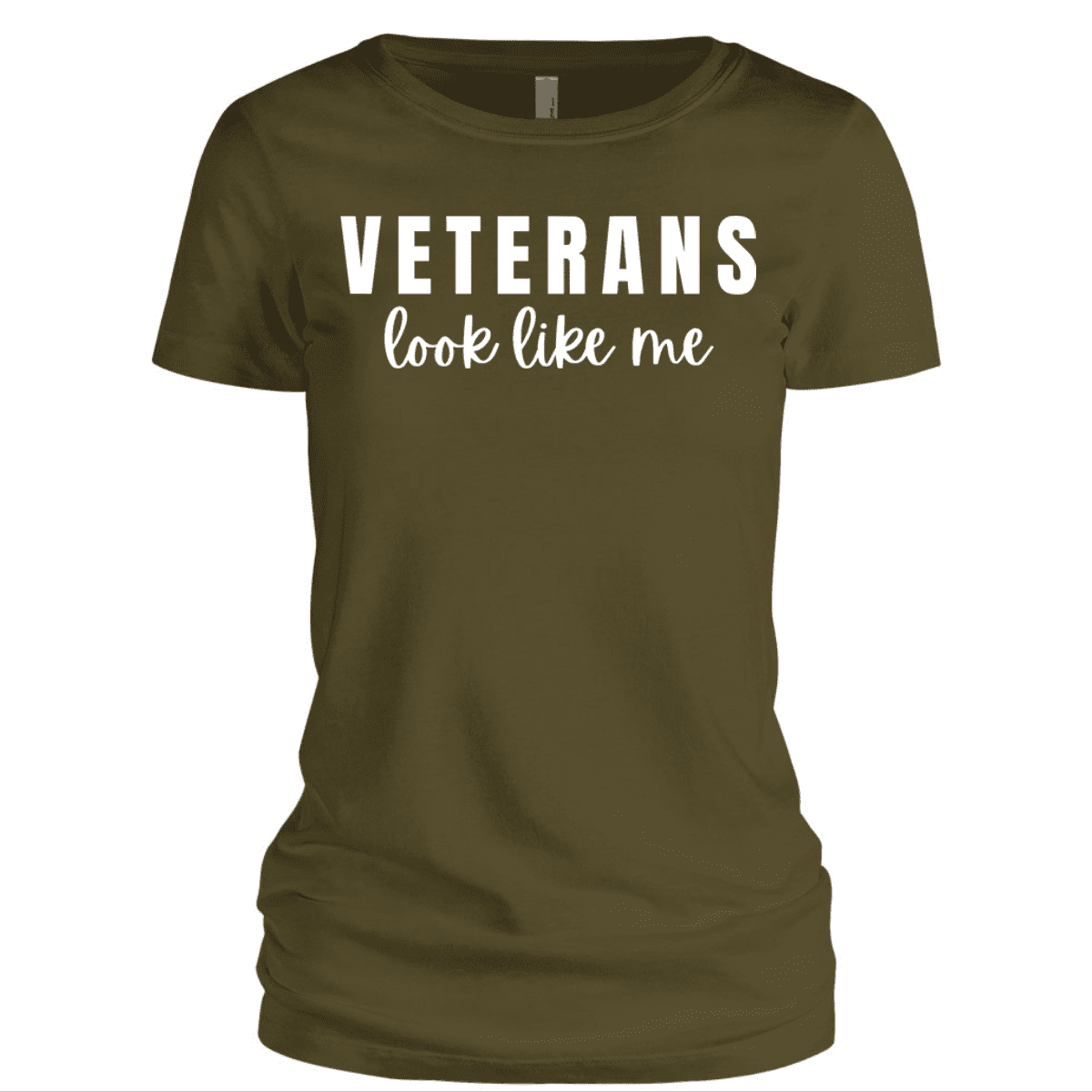 Front view of Lady Vet Veterans Look Like Me Crew Tee in Basic Olive